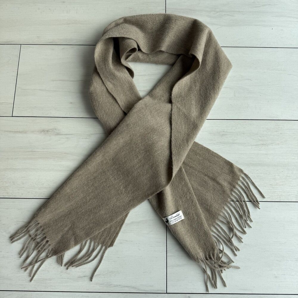 Cashmere Wool Blend Scarf Beige Soft Fringe Unisex Muffler Rectangle 65”x 13”